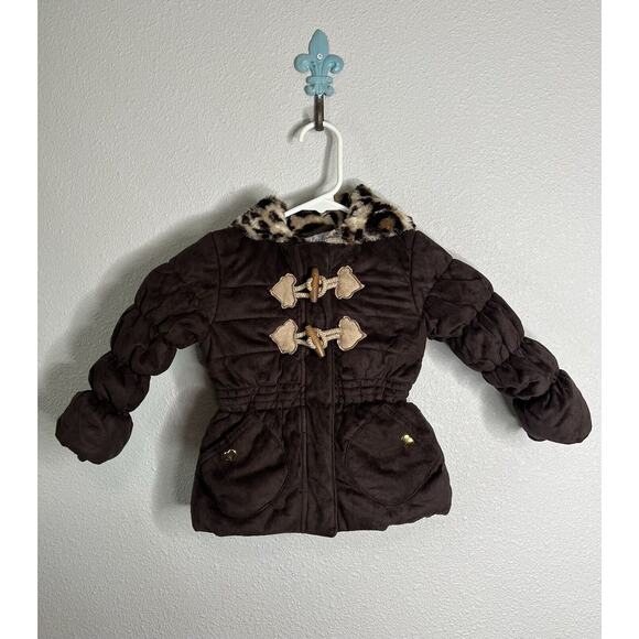 Pistachio Brown Suede Puff Faux-Fur Girls Infant Animal Print Jacket Size 2T - Picture 1 of 7